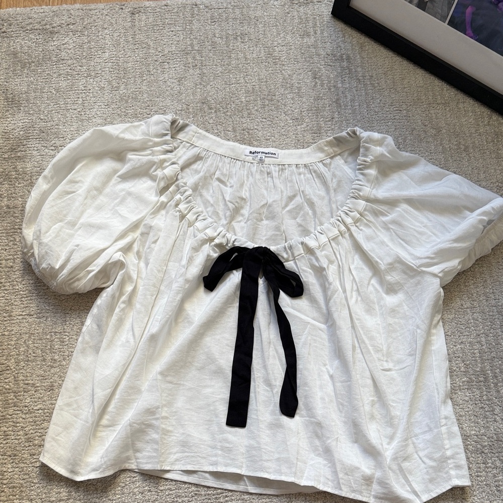 Reformation White Puff Sleeve Blouse with Black Tie